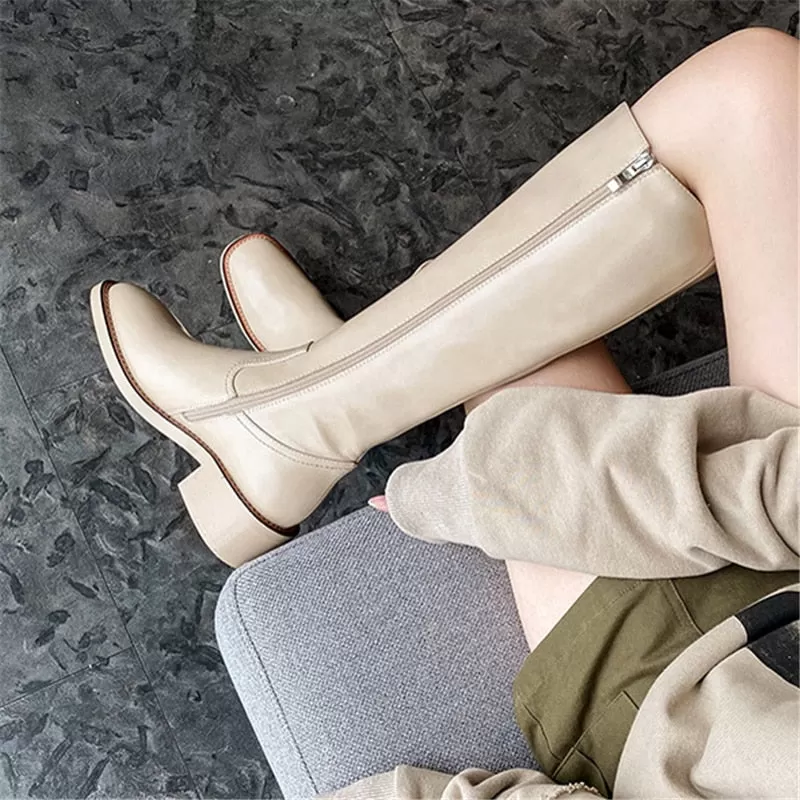 Women's Concise Solid Pattern Mid Calf Side Zipper Square Heels Boots