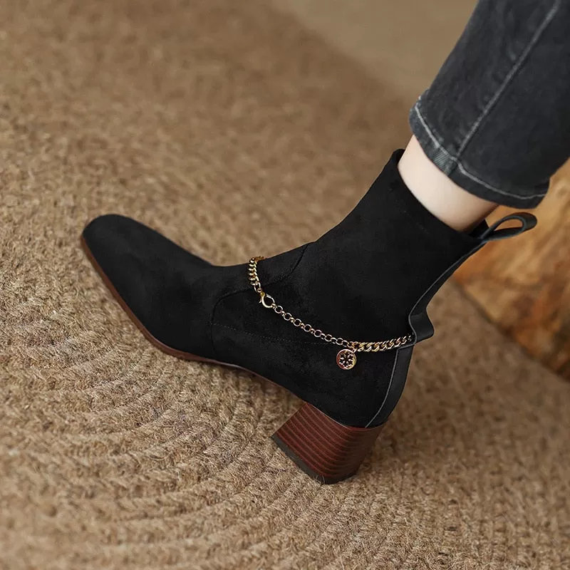 Women's Concise Solid Pattern Square Toe Metal Chain Slip-On Ankle Boots