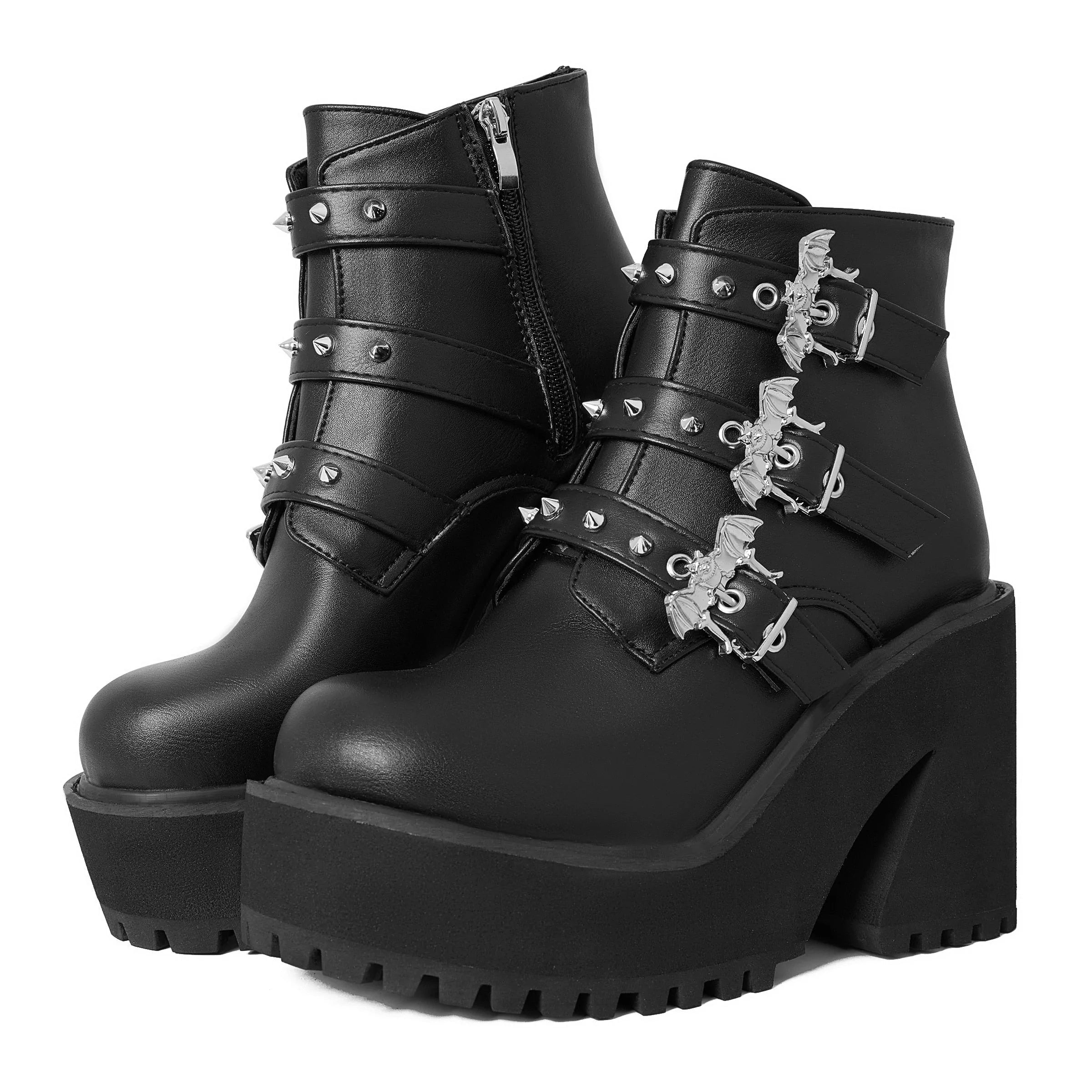 Women's Handmade Round Toe Lace-Up Buckle Motorcycle Ankle Boots