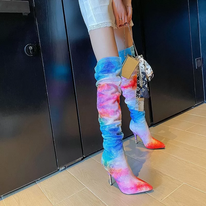 Women's Sexy Mixed Colors Over The Knee Pointed Toe High Heel Boots