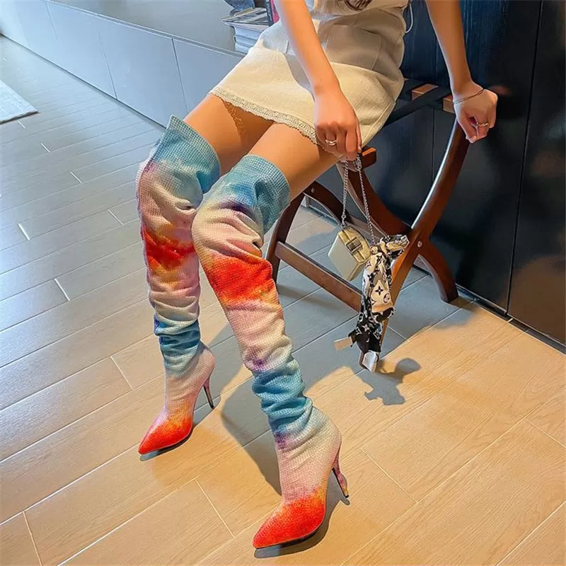 Women's Sexy Mixed Colors Over The Knee Pointed Toe High Heel Boots