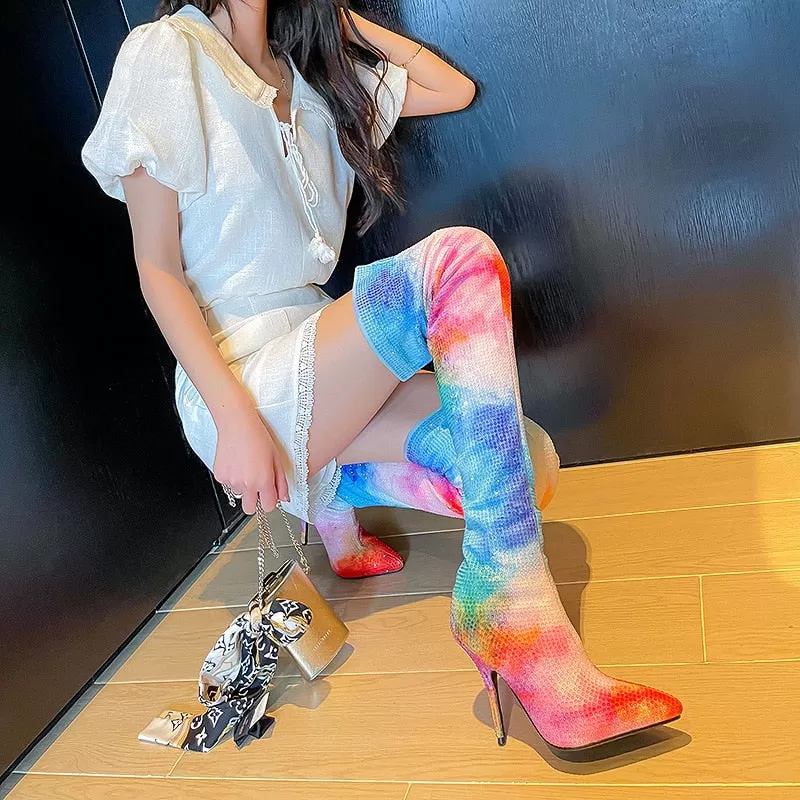 Women's Sexy Mixed Colors Over The Knee Pointed Toe High Heel Boots