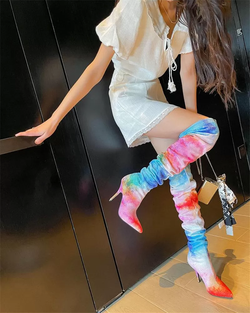 Women's Sexy Mixed Colors Over The Knee Pointed Toe High Heel Boots