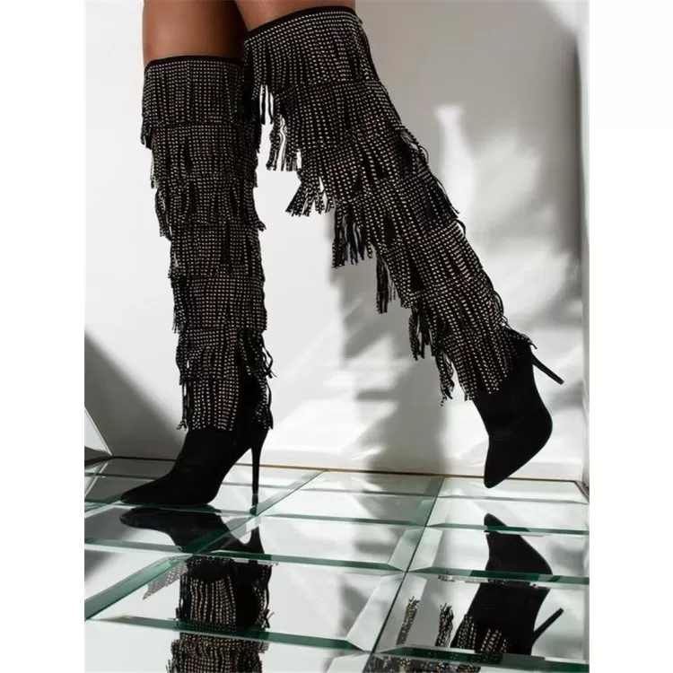 Women's Sexy Pointed Toe Fringe Ove The Knee Stiletto Modern Boots