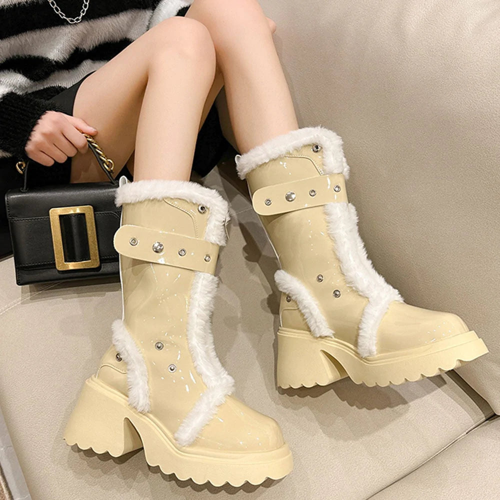 Women's Winter Round Toe Plush Motorcycle High Heels Snow Boots