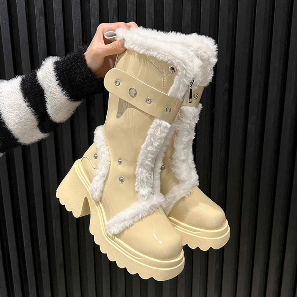 Women's Winter Round Toe Plush Motorcycle High Heels Snow Boots