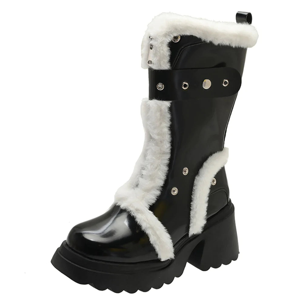 Women's Winter Round Toe Plush Motorcycle High Heels Snow Boots