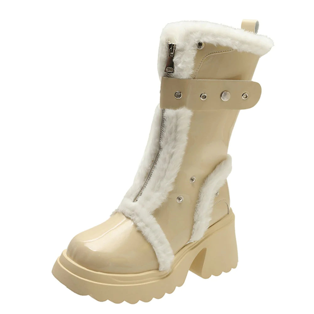 Women's Winter Round Toe Plush Motorcycle High Heels Snow Boots