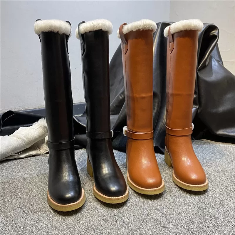 Women's Winter Warm Round Toe Knee-High Metal Decor Snow Boots