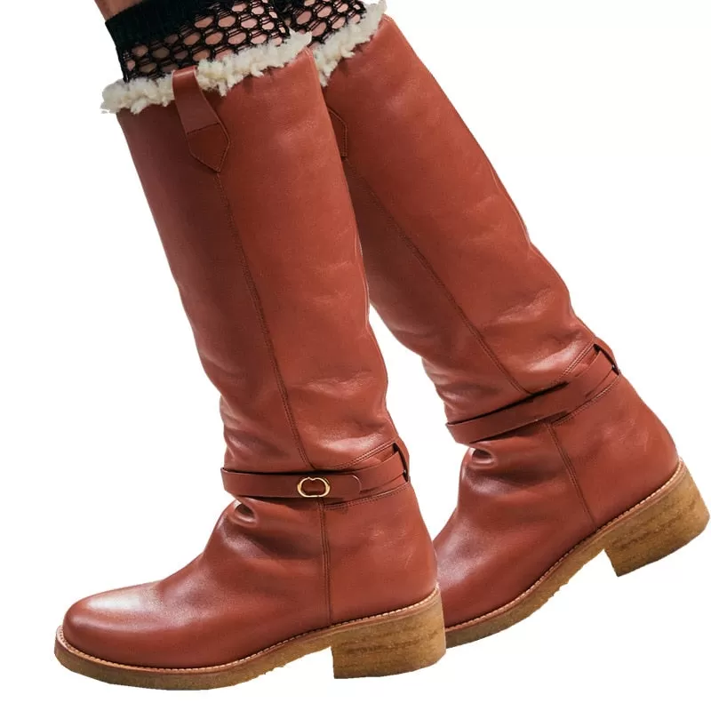 Women's Winter Warm Round Toe Knee-High Metal Decor Snow Boots