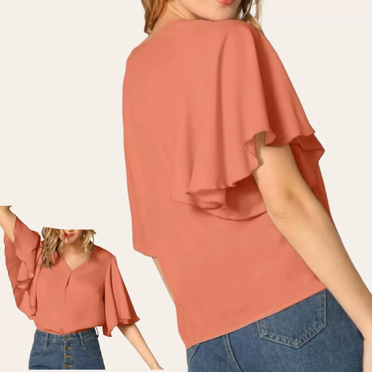 YAM V-cut Butterfly Sleeve Blouse