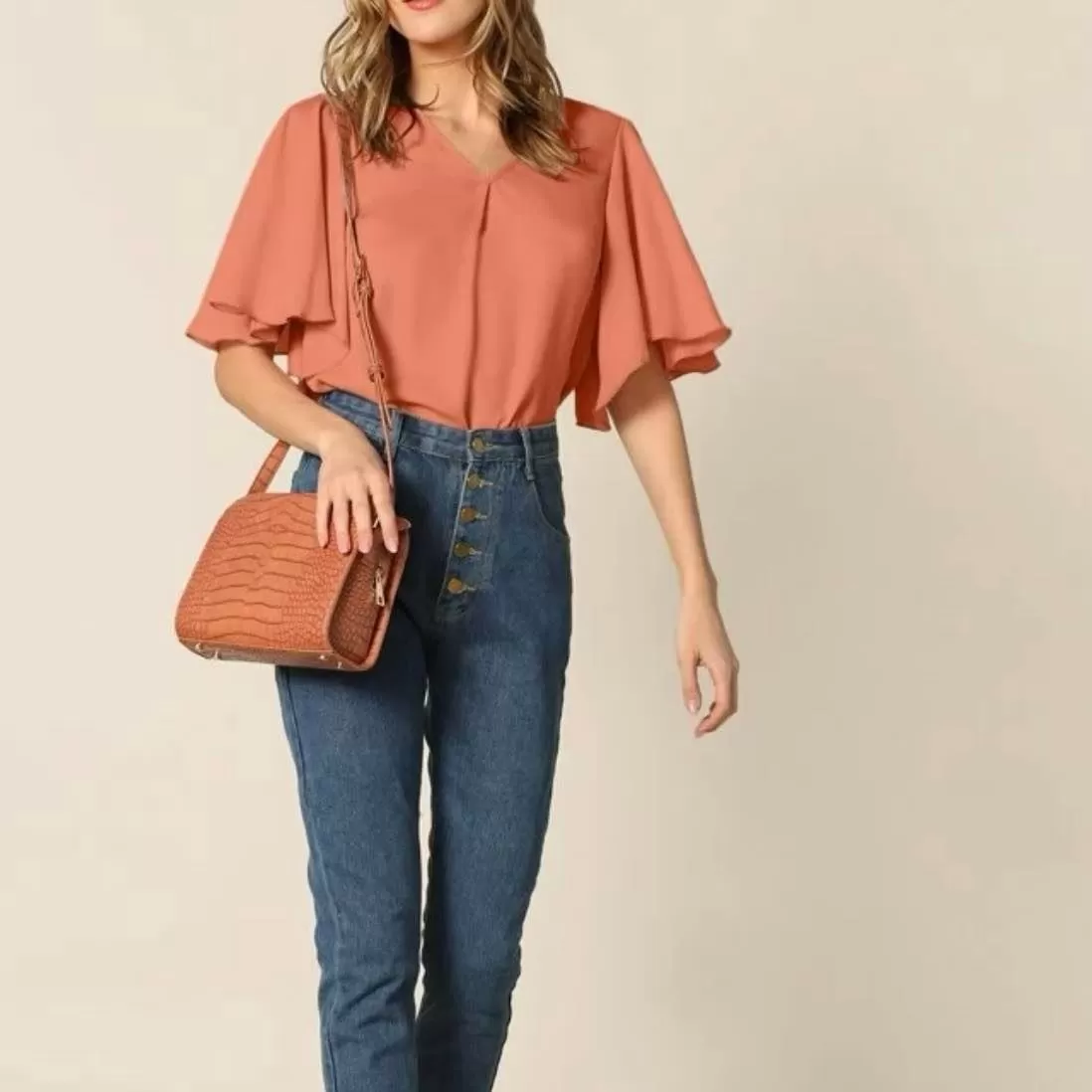 YAM V-cut Butterfly Sleeve Blouse